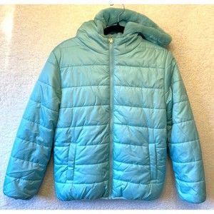 Nautica Girls' Puffer Jacket‎ Aqua Blue Size 16 Hooded NWOT Faux Fur Lined